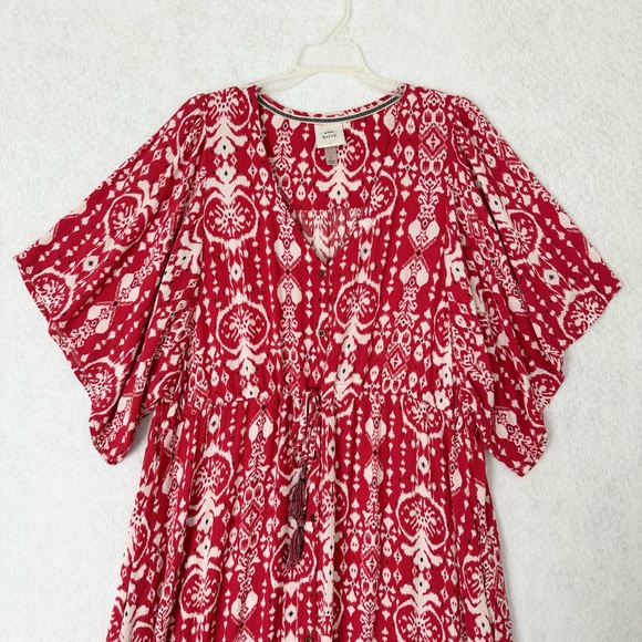 Knox Rose Dress Womens Large Midi Maxi Red White Button Front Short Sleeve Boho - Picture 2 of 15